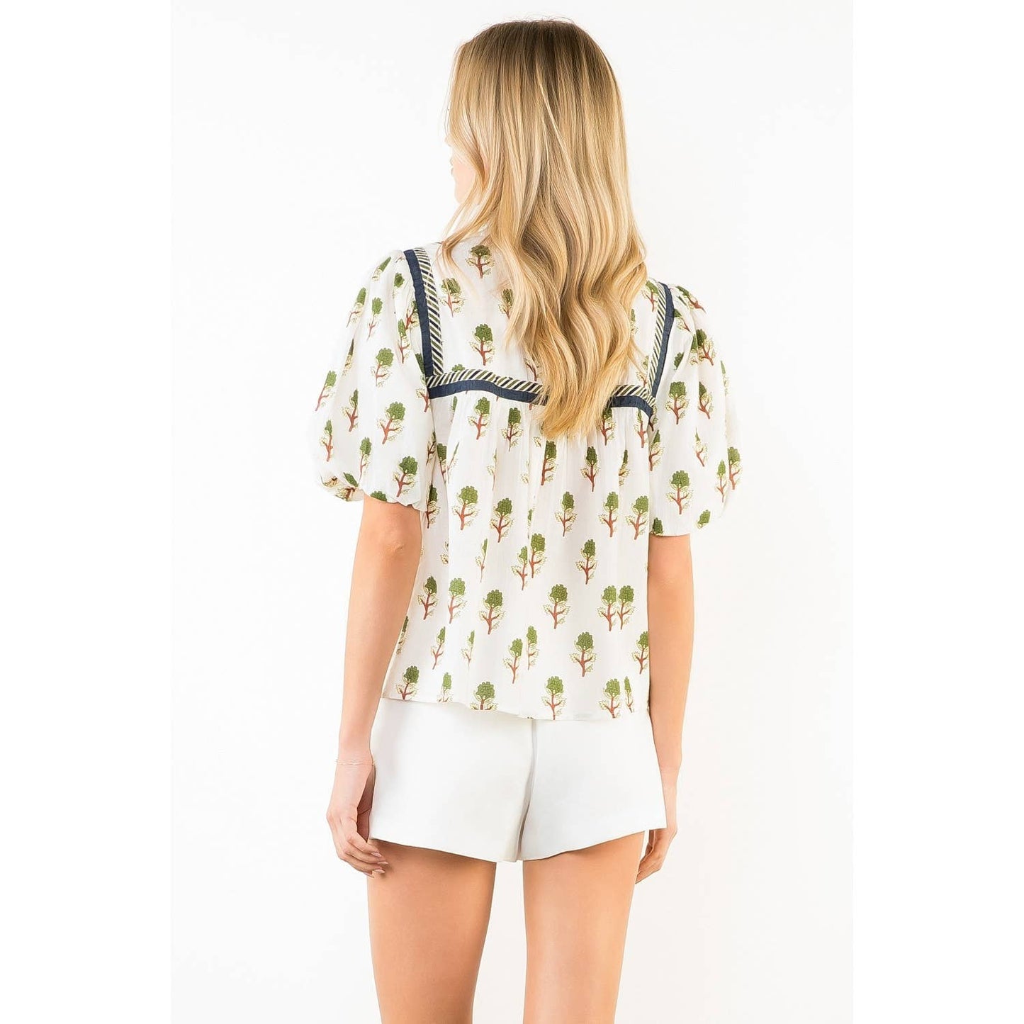 Puff Sleeve Print Tie Tassel Top