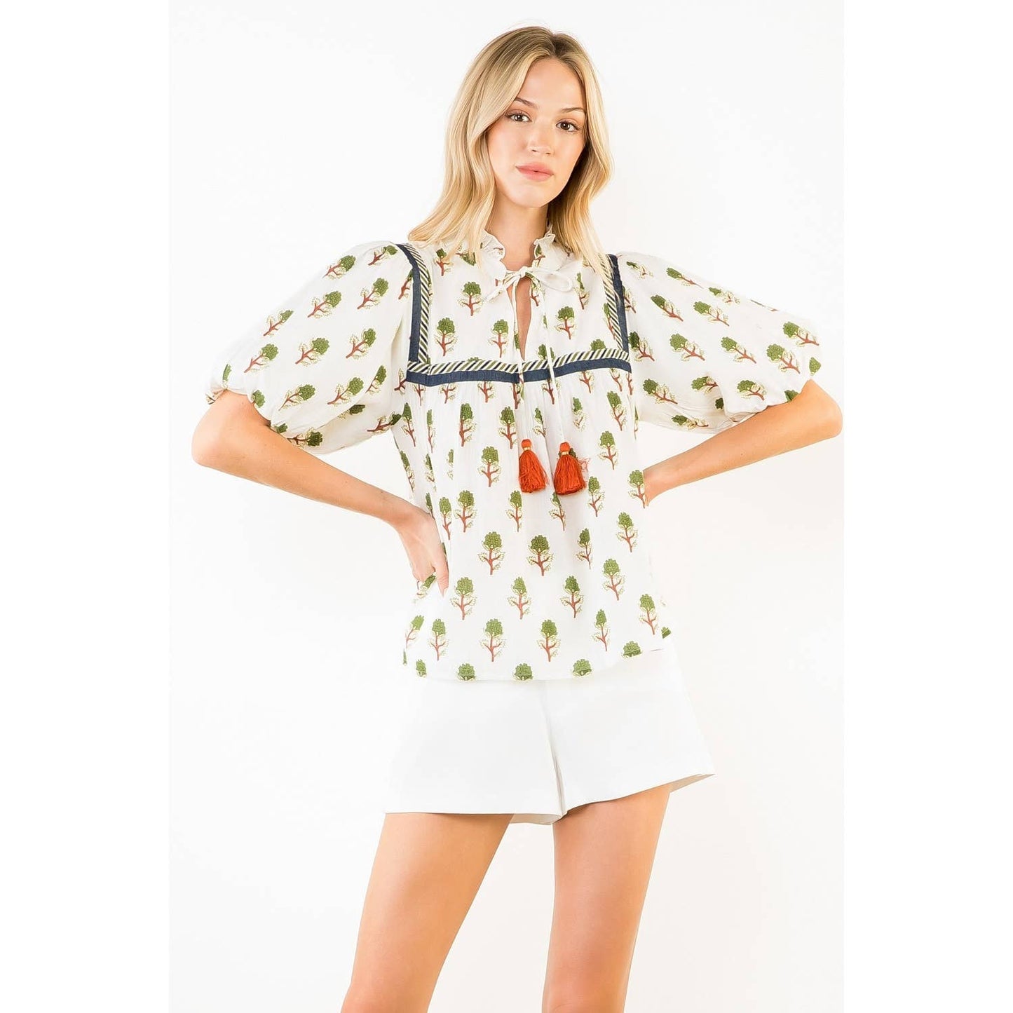 Puff Sleeve Print Tie Tassel Top