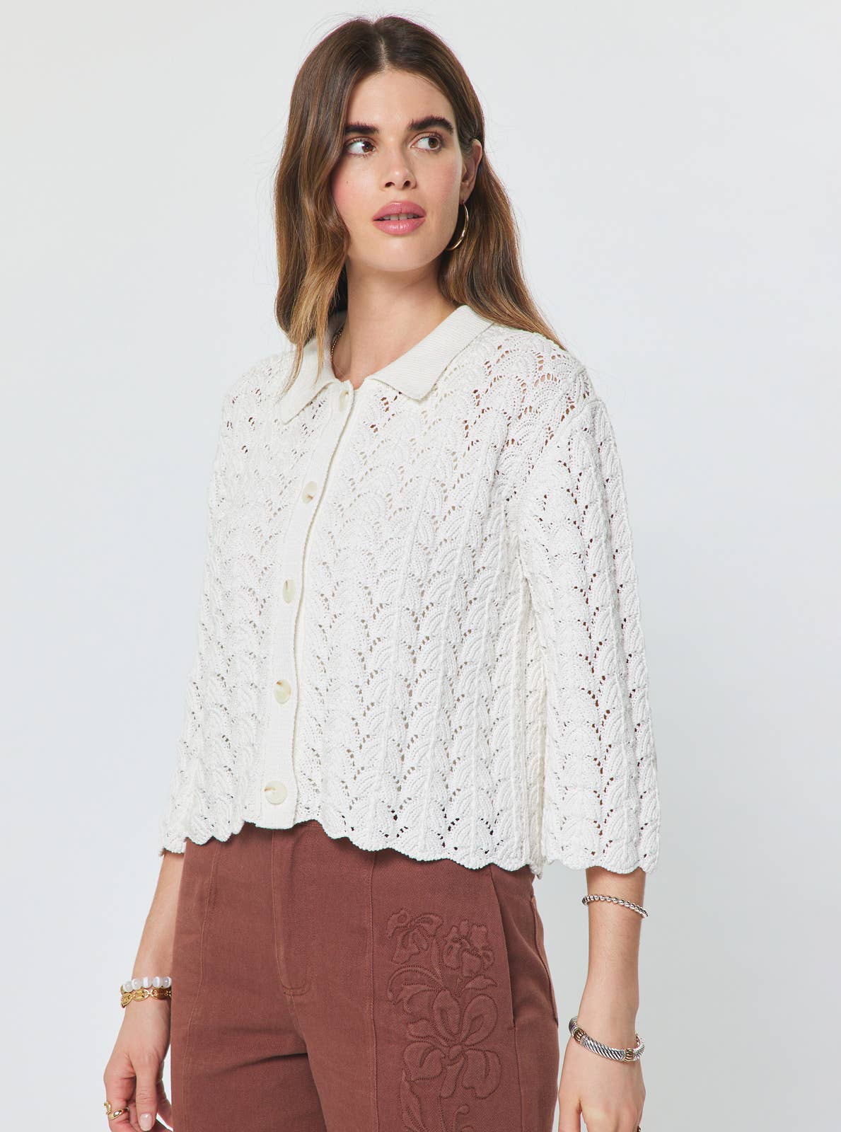 3/4 Sleeve Cotton Open-Knit Cardigan