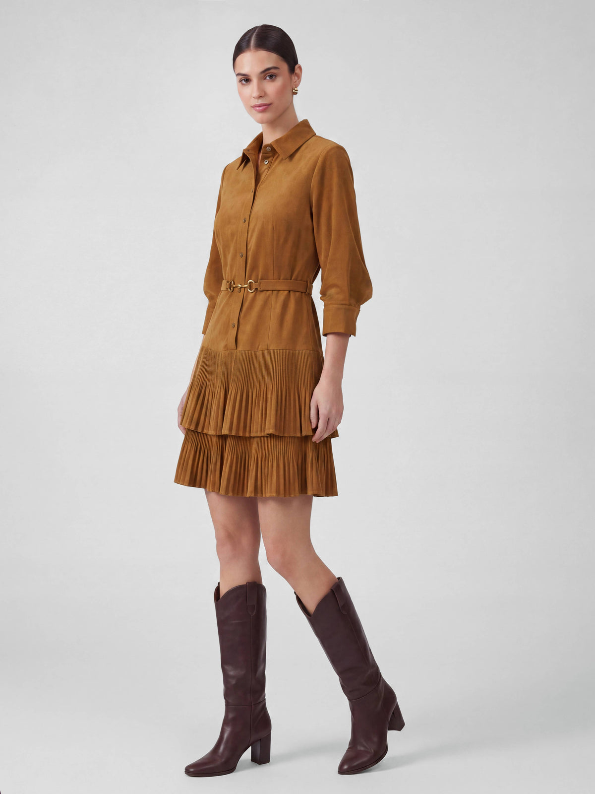 Corduroy Tiered Pleated Shirt Dress