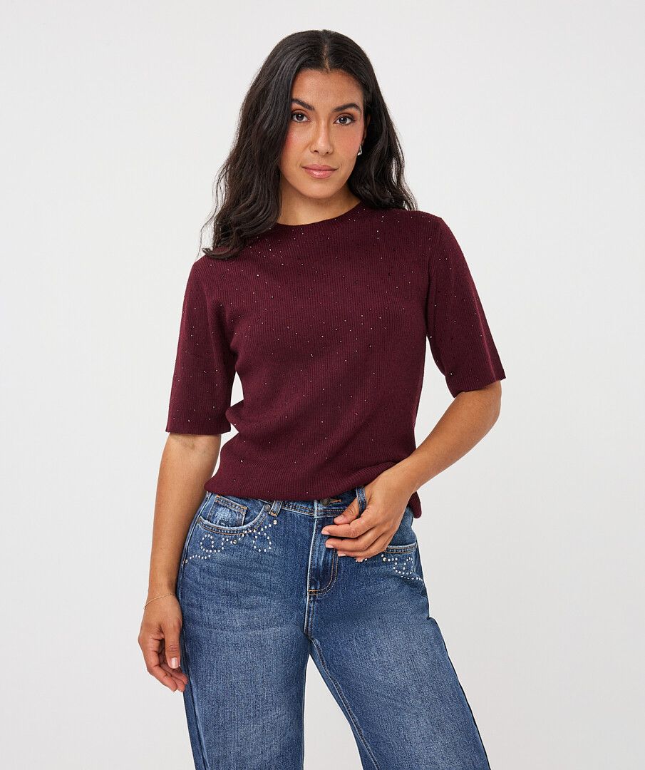 STUDDED SHORT SLEEVE SWEATER - MERLOT