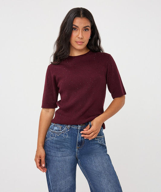 STUDDED SHORT SLEEVE SWEATER - MERLOT