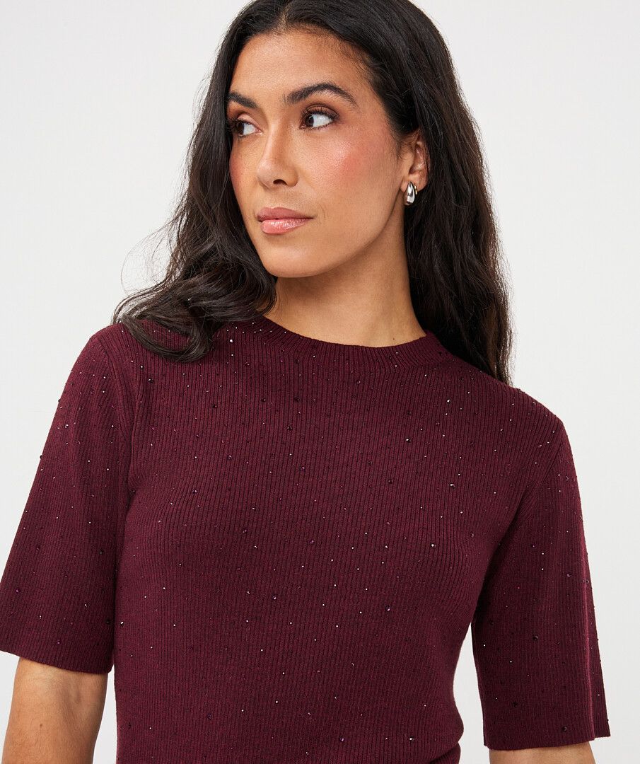 STUDDED SHORT SLEEVE SWEATER - MERLOT