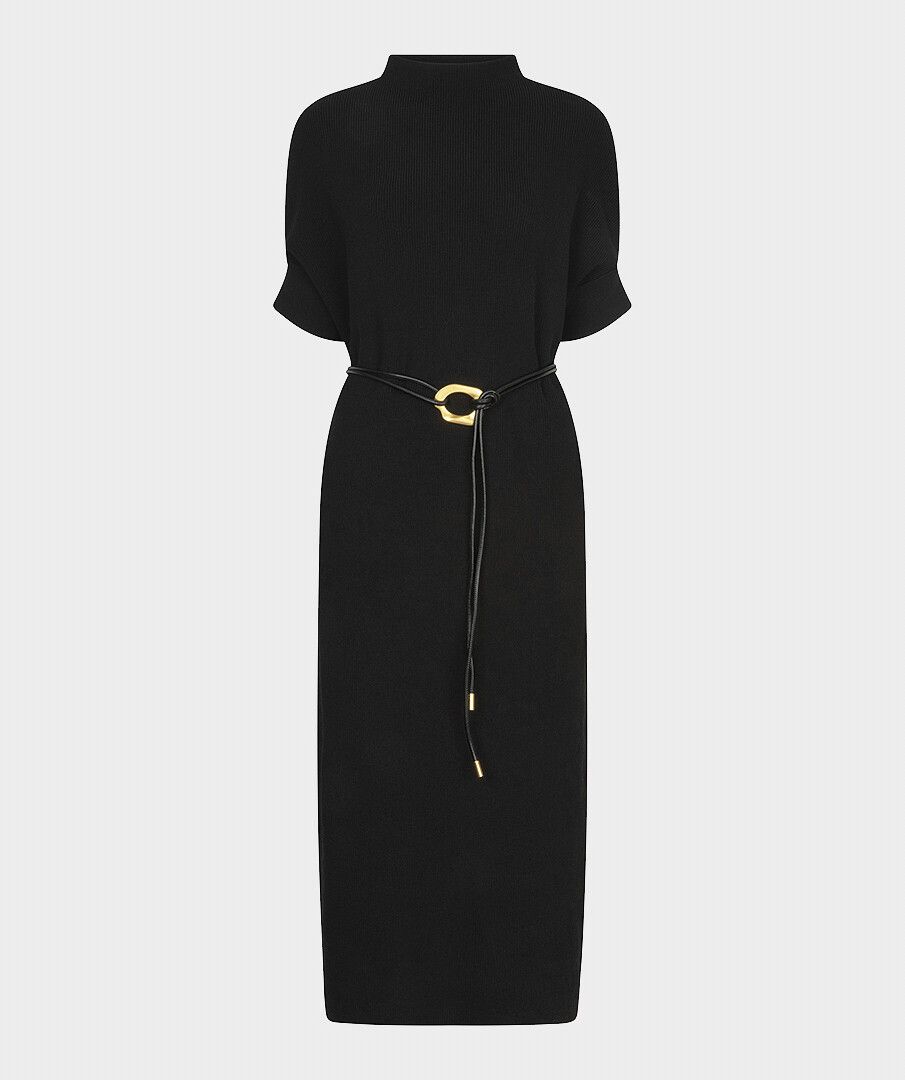 KNIT DRESS WITH BELT - BLACK