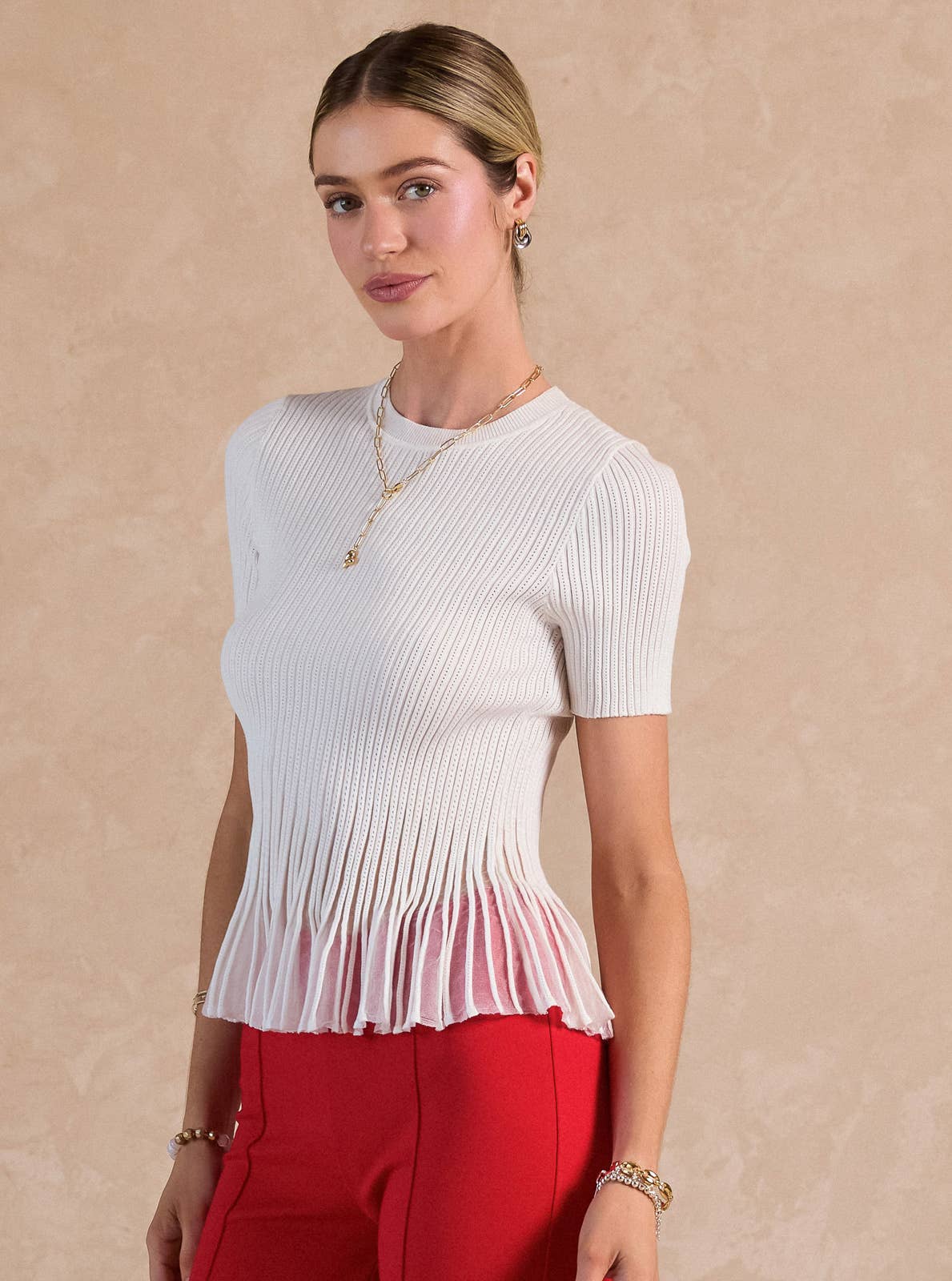Short Sleeve Sheer Peplum Top - White