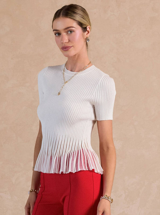 Short Sleeve Sheer Peplum Top - White