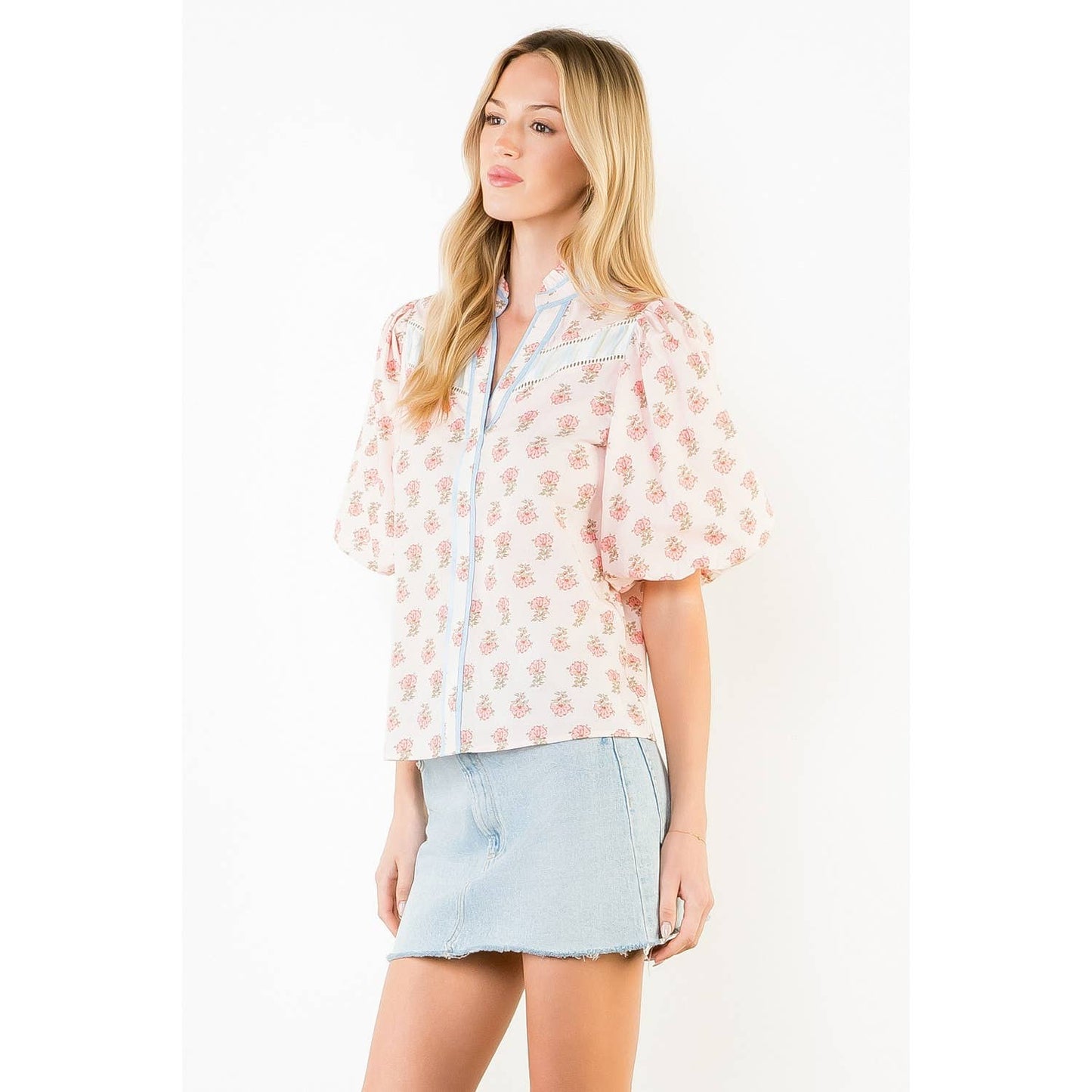 Puff Sleeve Floral Detail V-Neck Top