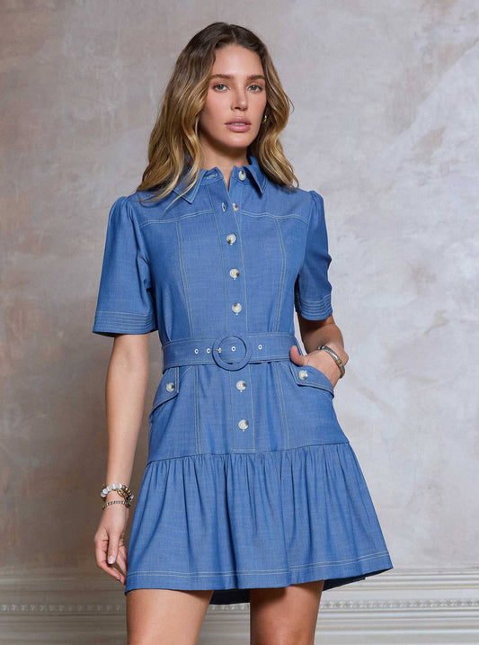 Shirt Mini Dress W/ O-ring Buckle Belt