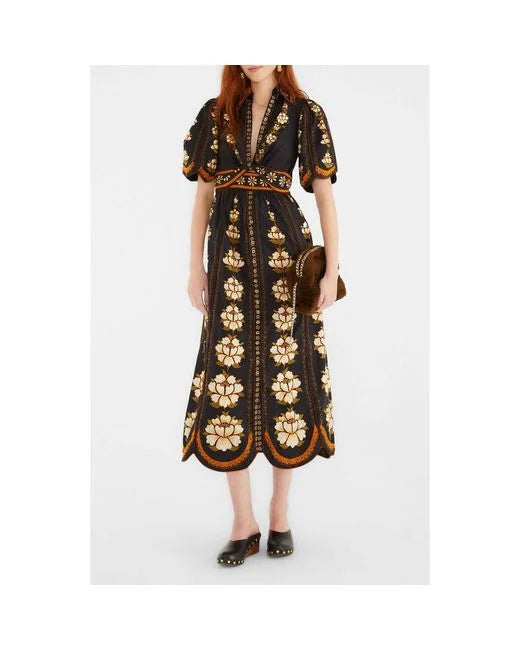 EMBROIDERED FLOWERS BLACK MIDI DRESS