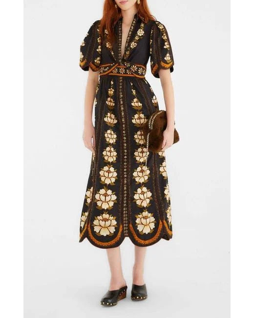 EMBROIDERED FLOWERS BLACK MIDI DRESS