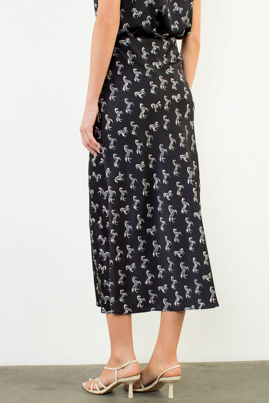 Satin horse print skirt - black