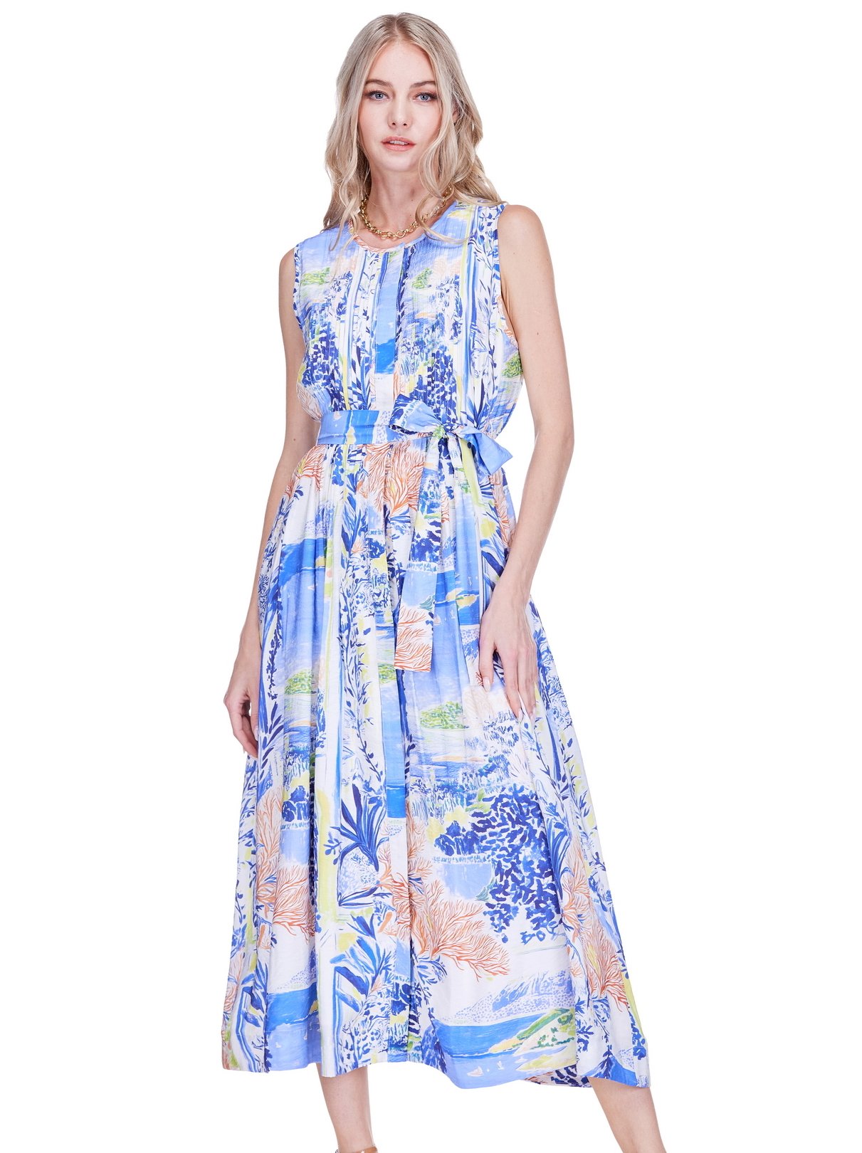 PRINTED PLEATED MIDI DRESS