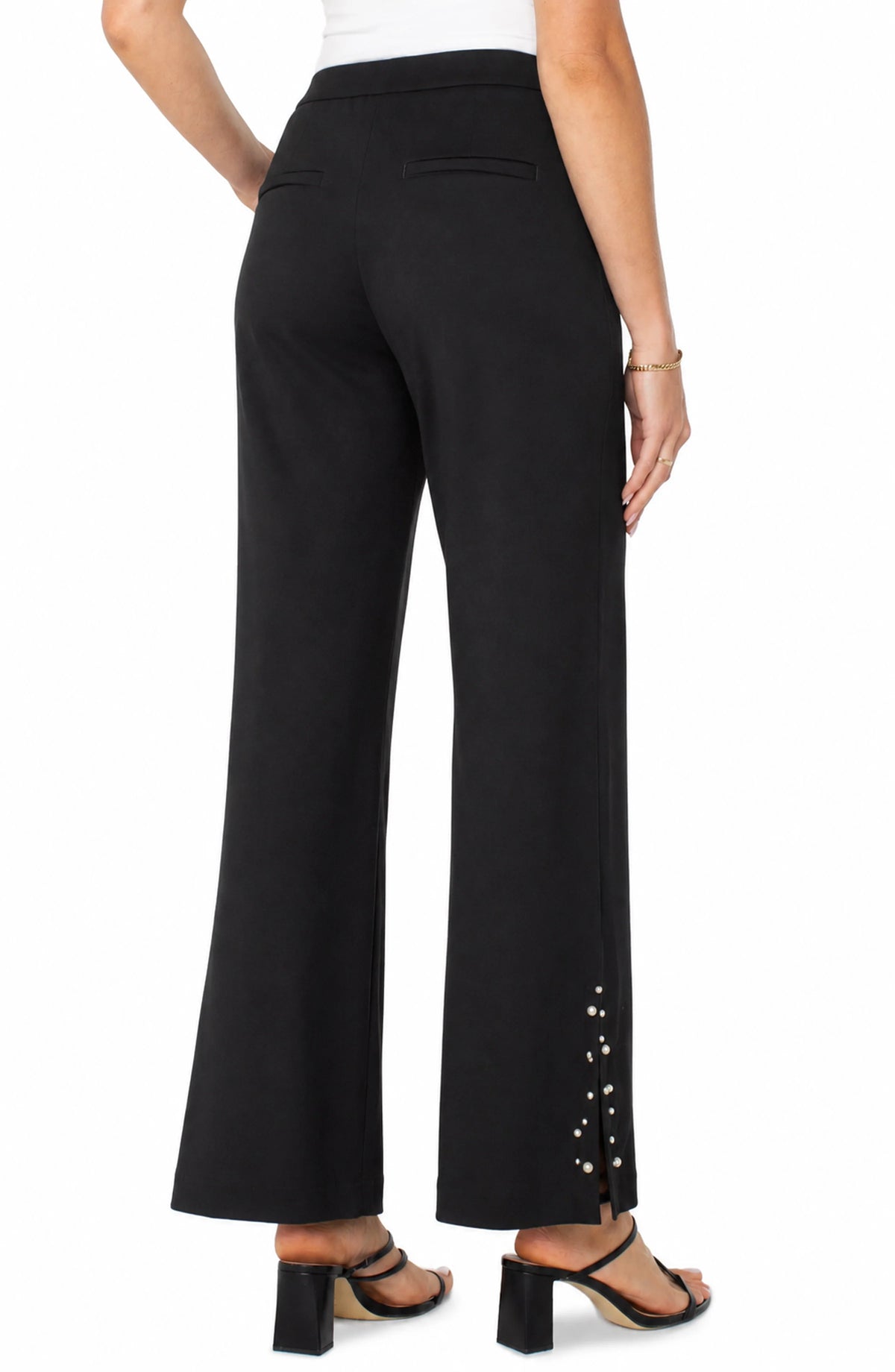 KAYLA PULLON WIDE LEG TROUSER W PEARL TRIM - BLACK