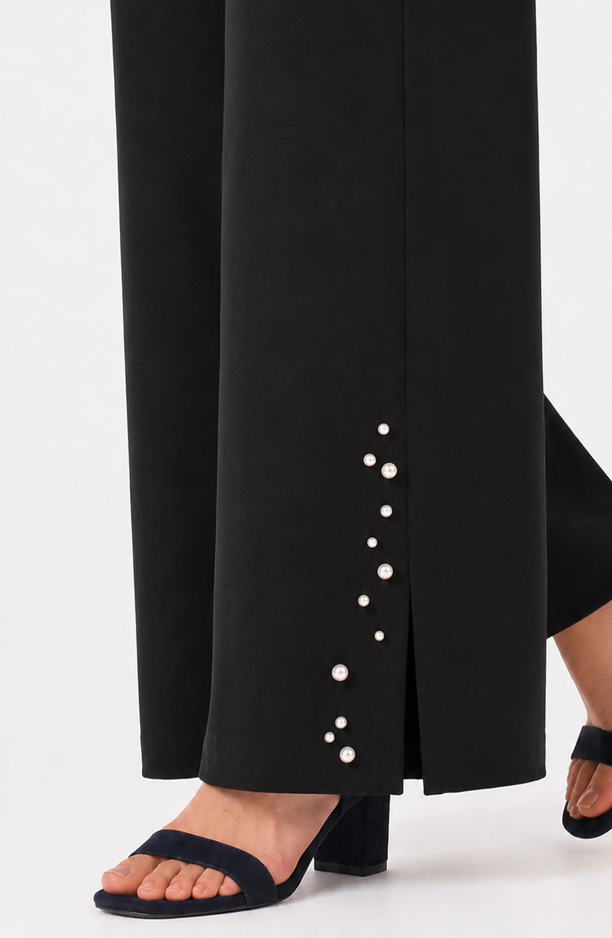KAYLA PULLON WIDE LEG TROUSER W PEARL TRIM - BLACK
