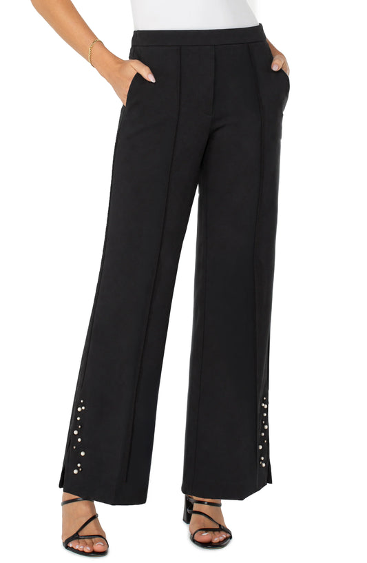 KAYLA PULLON WIDE LEG TROUSER W PEARL TRIM - BLACK