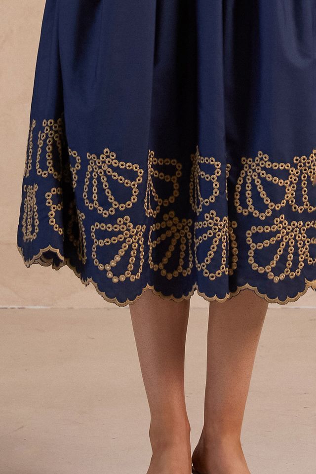 EYELET MIDI DRESS - NAVY
