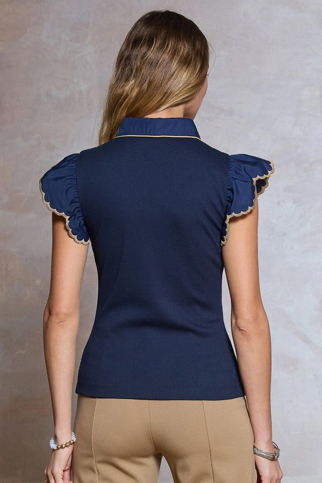 NAVY FLUTTER SLEEVE TOP