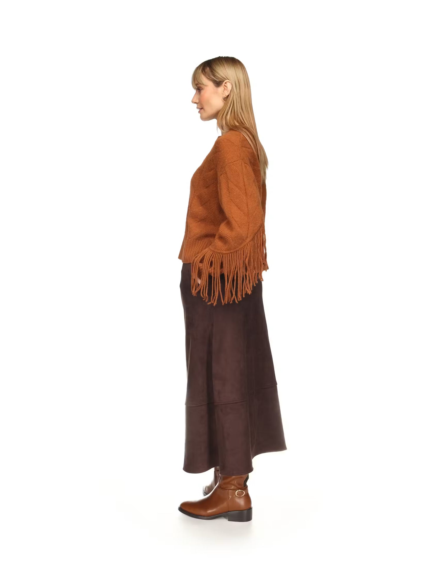 CABLE FRINGE CASHMERE CREW - CARAMEL