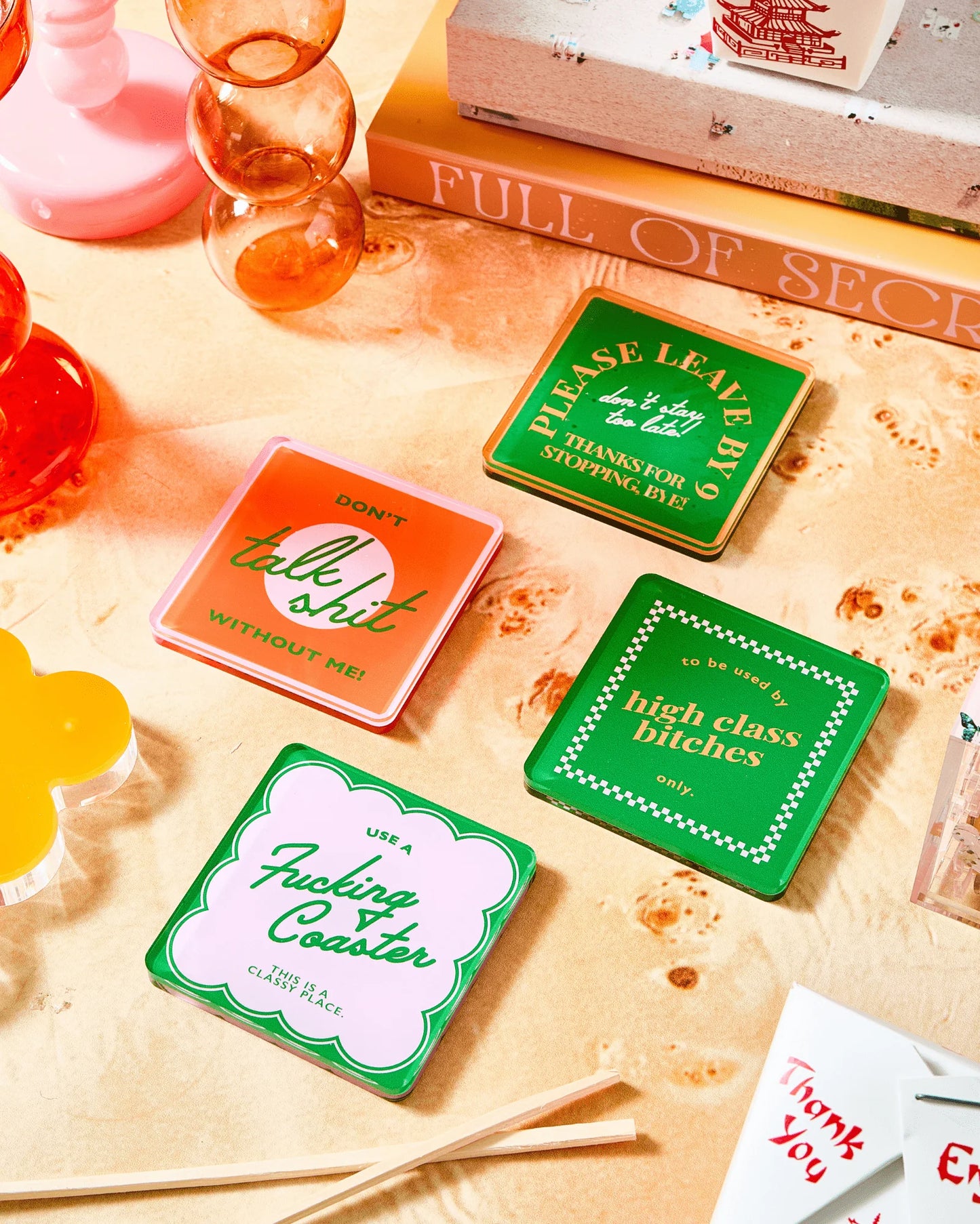 PACK OF 4 COASTERS - SNARKY ORANGE