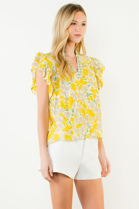 FLORAL TOP WITH CONTRAST TICKING - YELLOW