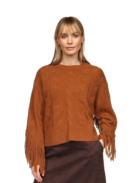 CABLE FRINGE CASHMERE CREW - CARAMEL