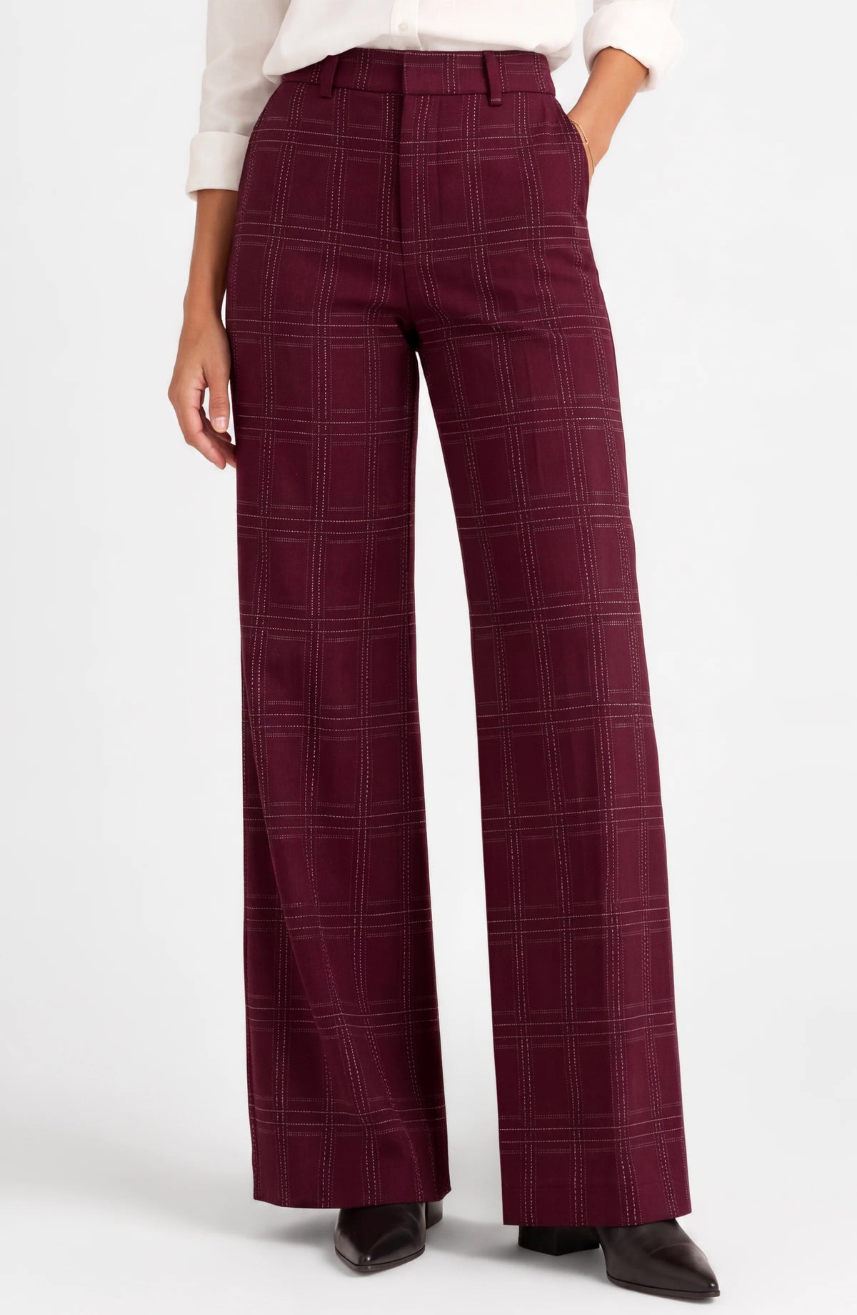 KELSEY WIDE LEG TROUSER - BURGUNDY PLAID