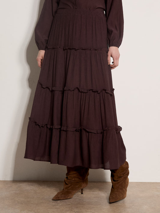 RUFFLE TIERED MAXI SKIRT - CHOCOLATE