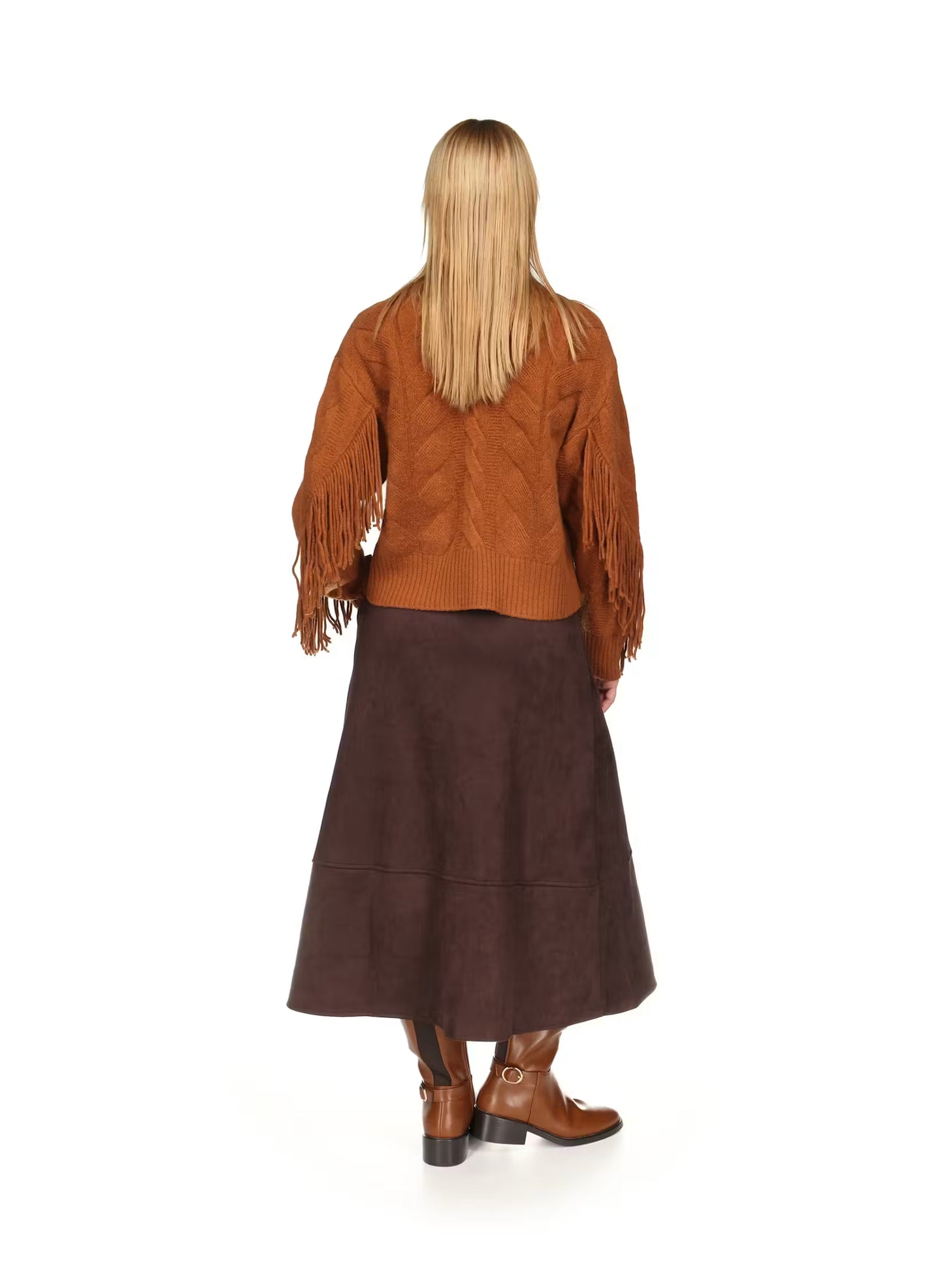 CABLE FRINGE CASHMERE CREW - CARAMEL
